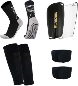 1 Pair Grip Soccer Socks, 1 Pair Soccer Sleeve Socks with 1 Pack Shin Guards and 2 Shin Straps, Football Game Set 5 Pcs