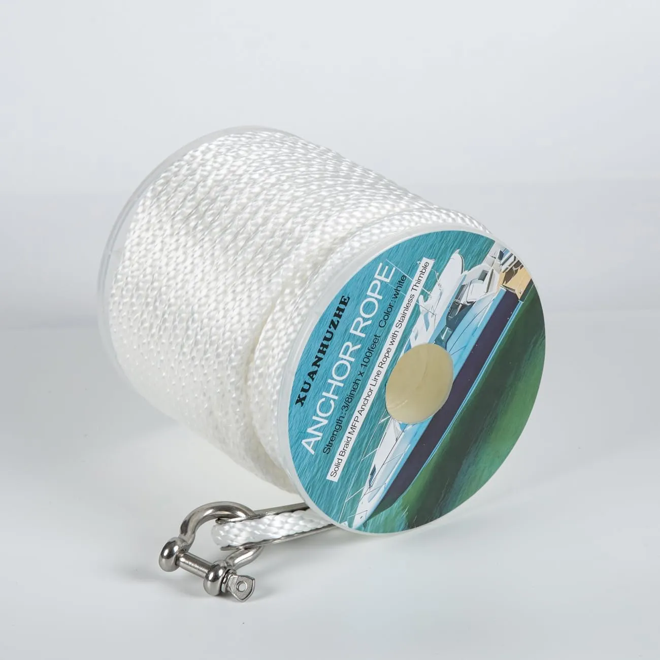 100 ft x 3/8 inch Anchor Rope, Braided Anchor Line Premium Solid Braid MFP Boat Rope with Stainless Steel Thimble & Shackle, Marine Rope, Boat Accessories-White