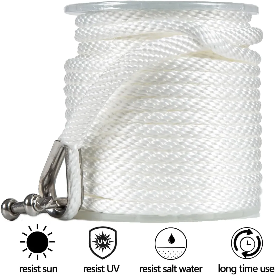100 ft x 3/8 inch Anchor Rope, Braided Anchor Line Premium Solid Braid MFP Boat Rope with Stainless Steel Thimble & Shackle, Marine Rope, Boat Accessories-White