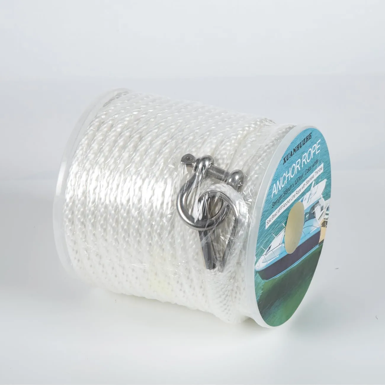 100 ft x 3/8 inch Anchor Rope, Braided Anchor Line Premium Solid Braid MFP Boat Rope with Stainless Steel Thimble & Shackle, Marine Rope, Boat Accessories-White