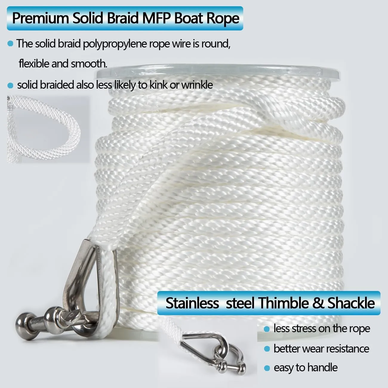 100 ft x 3/8 inch Anchor Rope, Braided Anchor Line Premium Solid Braid MFP Boat Rope with Stainless Steel Thimble & Shackle, Marine Rope, Boat Accessories-White