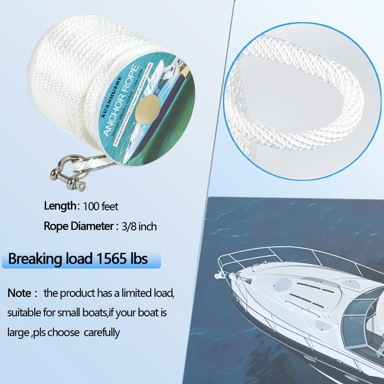100 ft x 3/8 inch Anchor Rope, Braided Anchor Line Premium Solid Braid MFP Boat Rope with Stainless Steel Thimble & Shackle, Marine Rope, Boat Accessories-White