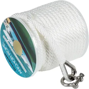 100 ft x 3/8 inch Anchor Rope, Braided Anchor Line Premium Solid Braid MFP Boat Rope with Stainless Steel Thimble & Shackle, Marine Rope, Boat Accessories-White