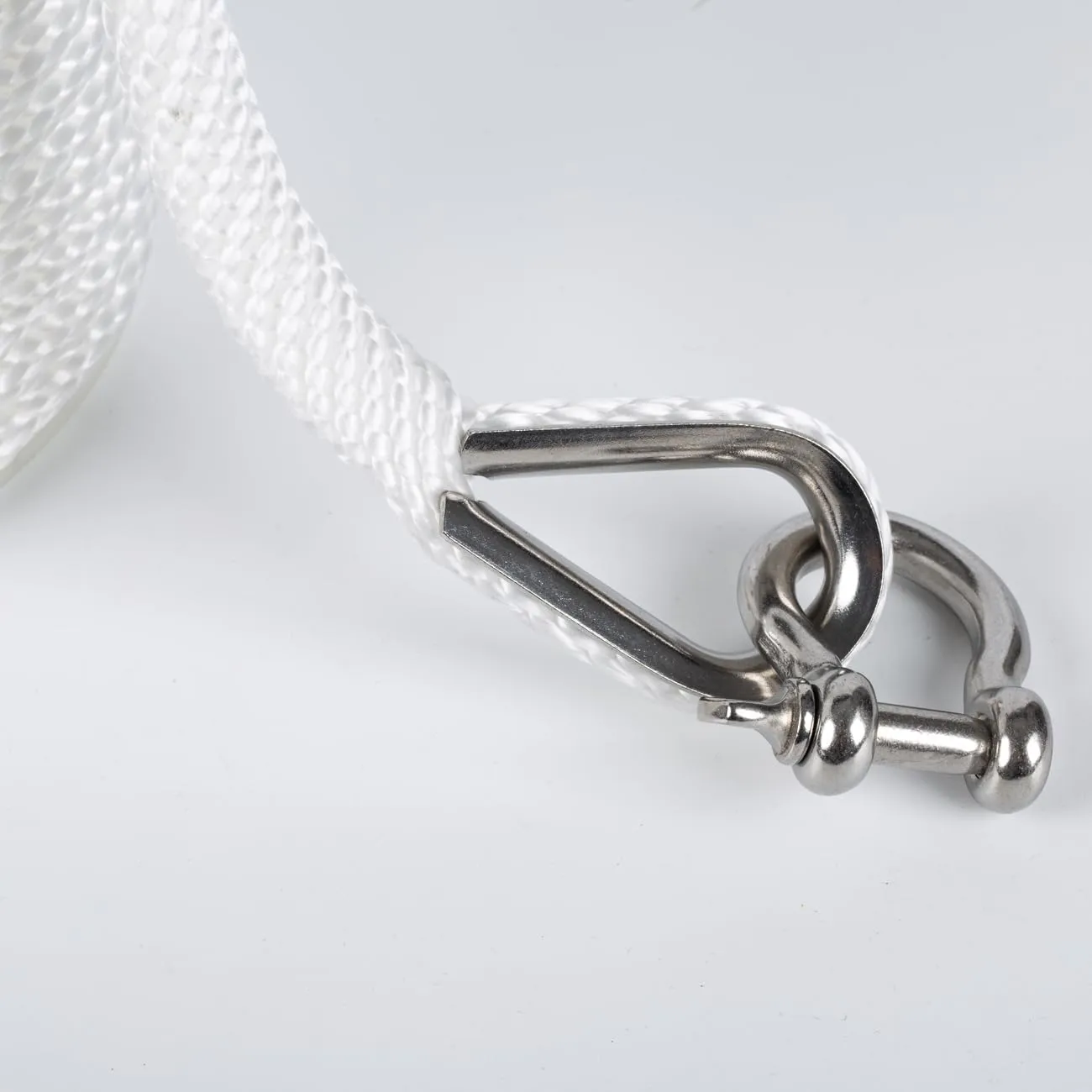 100 ft x 3/8 inch Anchor Rope, Braided Anchor Line Premium Solid Braid MFP Boat Rope with Stainless Steel Thimble & Shackle, Marine Rope, Boat Accessories-White