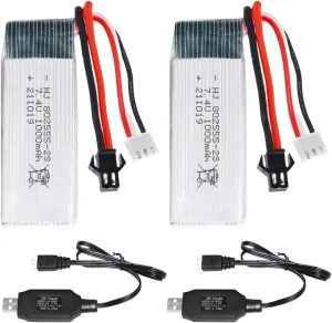 2 Pack 7.4V 1000mAh 802555 for Electric Soft Gun,Model Airplane,RC Cars,RC Boat,RC Truck,FPV UAV RemoteRechargeable Li-ion Battery Pack with SM-2P Joint and USB Charging Cable