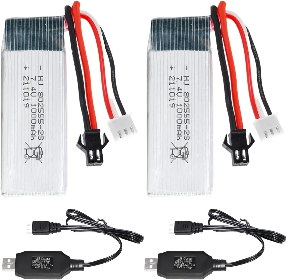 2 Pack 7.4V 1000mAh 802555 for Electric Soft Gun,Model Airplane,RC Cars,RC Boat,RC Truck,FPV UAV RemoteRechargeable Li-ion Battery Pack with SM-2P Joint and USB Charging Cable