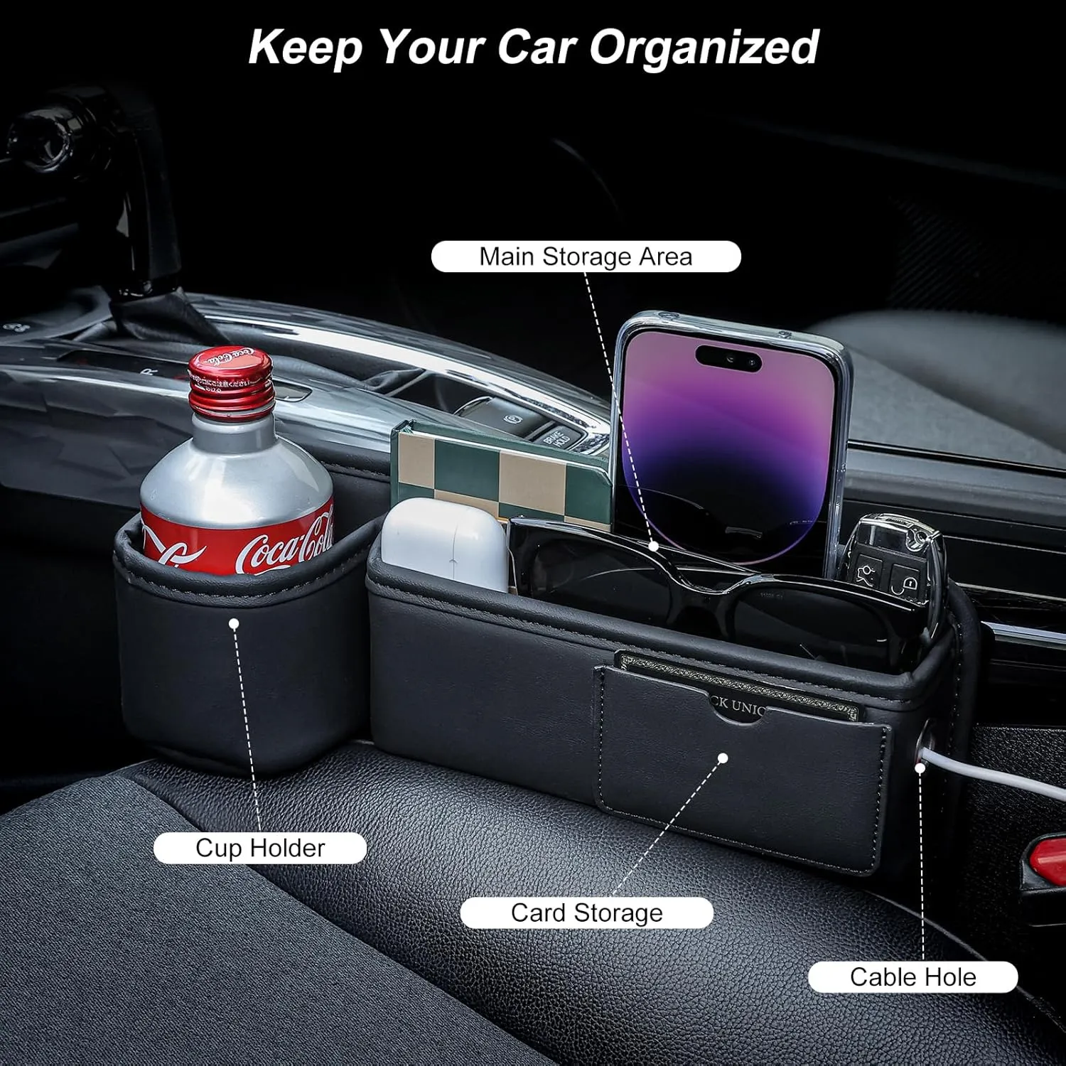 2 PACK Car Seat Gap Filler Organizer with Cup Holder, Universal Fit Soft Leather Box Storage, Automotive Accessories Necessities for Phones Keys Sunglasses Cards, Black