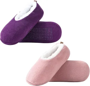 2 Pairs of Soft Sole Slipper Socks for Women with Grippers Non Slip, Winter Warm Cozy House Bedroom Slippers, Ladies Fuzzy Indoor Home Slippers (Purple,Pink,Grey)