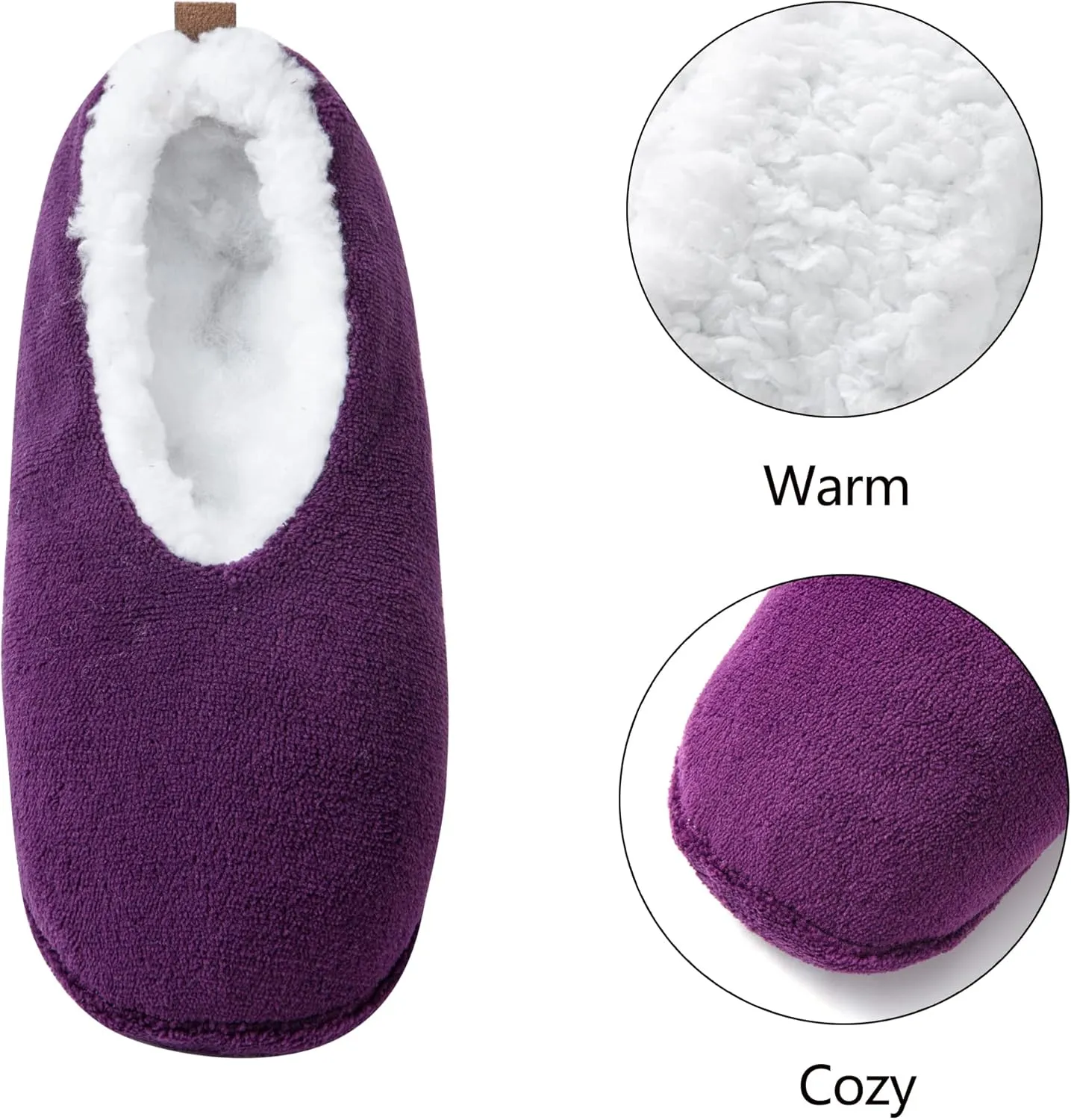 2 Pairs of Soft Sole Slipper Socks for Women with Grippers Non Slip, Winter Warm Cozy House Bedroom Slippers, Ladies Fuzzy Indoor Home Slippers (Purple,Pink,Grey)