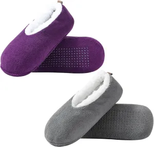 2 Pairs of Soft Sole Slipper Socks for Women with Grippers Non Slip, Winter Warm Cozy House Bedroom Slippers, Ladies Fuzzy Indoor Home Slippers (Purple,Pink,Grey)