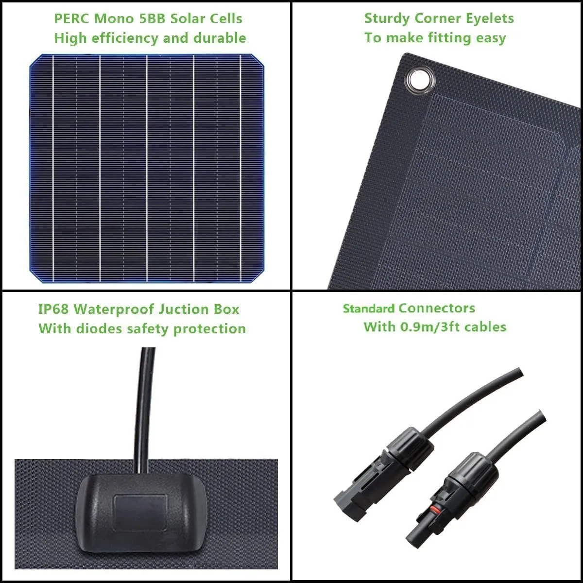 30W 12V ETFE Black Flexible Solar Panel, 23.5x13.8in, ETFE Black Thin, Slim Semi-Flexible PERC Mono High Efficiency Solar Cells 12 Volt for Battery Charge Marine RV Campers Boats Tent