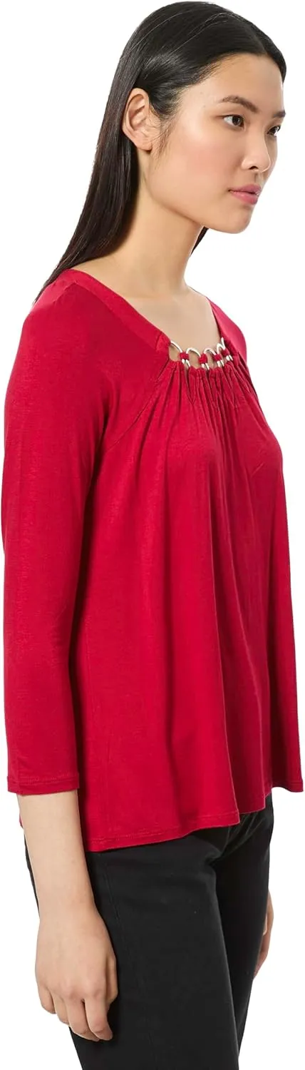3/4 Sleeve Boat Neck Metal Ring Detail Top Jet Black
