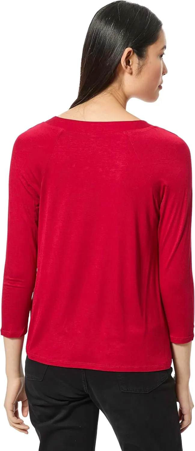 3/4 Sleeve Boat Neck Metal Ring Detail Top Jet Black