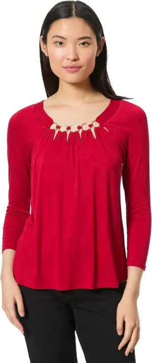3/4 Sleeve Boat Neck Metal Ring Detail Top Jet Black