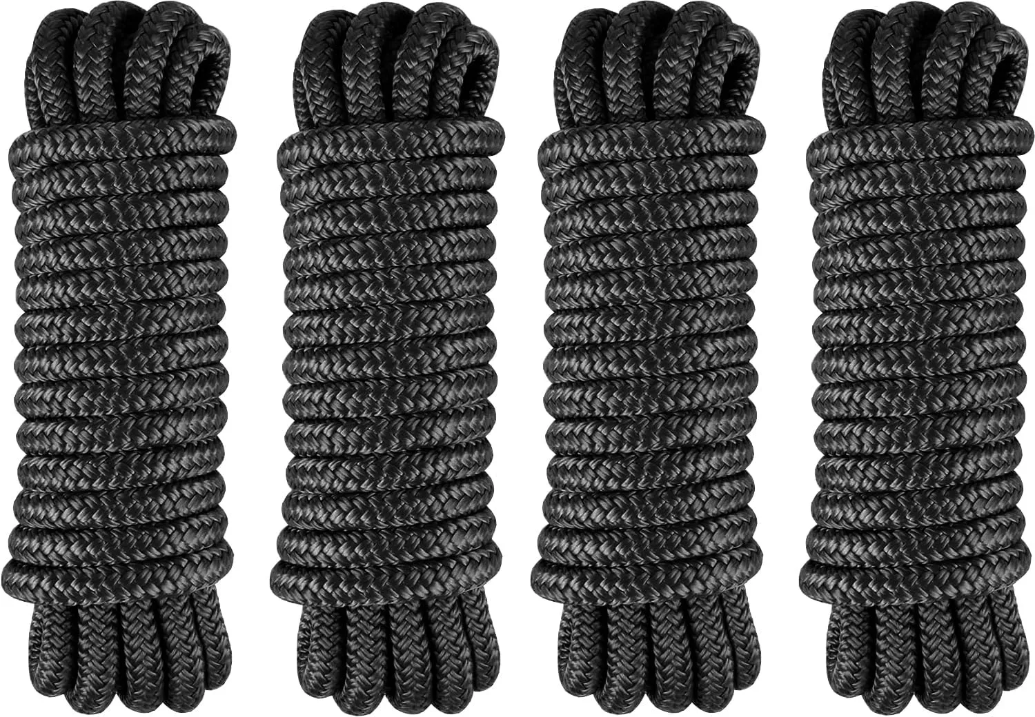 4 Pack 1/2" x 10' Boat Fender Lines - Marine Grade Nylon Boat Rope with 5" Loop for Tying Fenders and Docking Small Boats - Double Braided Dock Lines, Easy Handling, Fray Resistant - Black