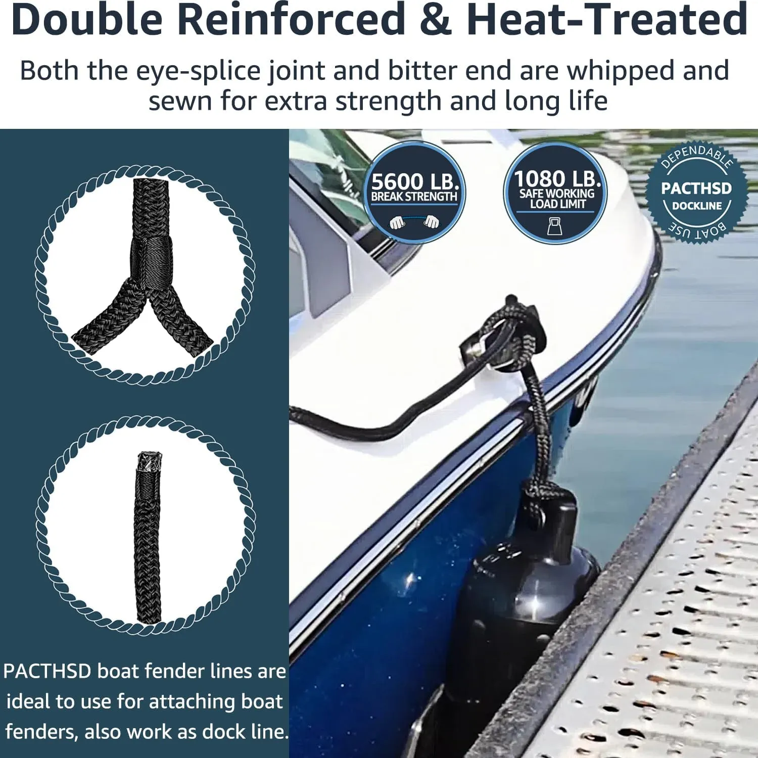 4 Pack 1/2" x 10' Boat Fender Lines - Marine Grade Nylon Boat Rope with 5" Loop for Tying Fenders and Docking Small Boats - Double Braided Dock Lines, Easy Handling, Fray Resistant - Black