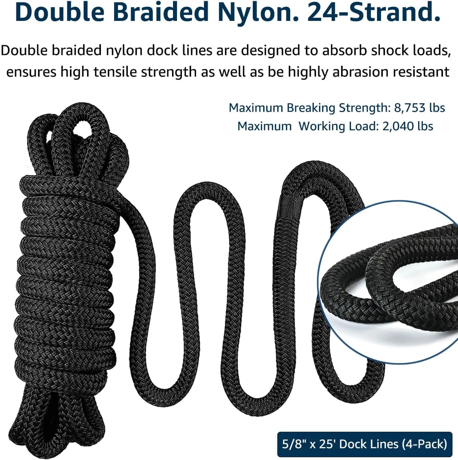 4 Pack 5/8" x 25' Double Braided Nylon Boat Dock Lines with 15" Loop - Marine Grade Dock Lines for Boats, Mooring