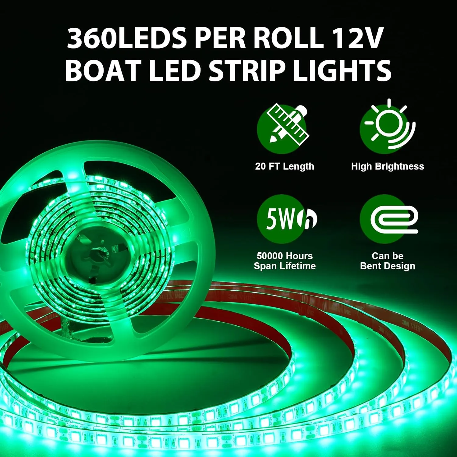 40FT Boat LED Strip Lights 12V Waterproof, Marine LED Strip Lights for Pontoon, Ideal as Under Gunnel Lights, Deck Light, Boat Interior Light for Kayak, Jon Boat and Fishing Boats (Green)