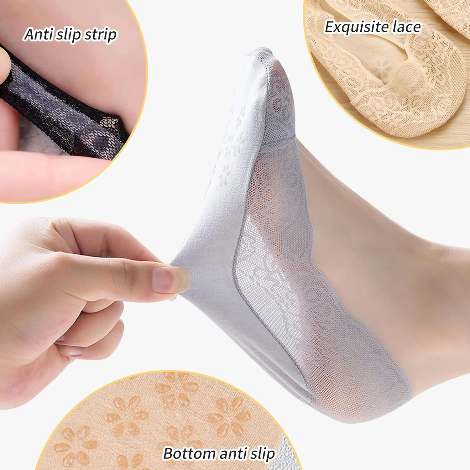 5 Pairs Low Cut Lace Socks - Ice Silk Thin No Show Non-Skid Boat Socks for Women & Girls