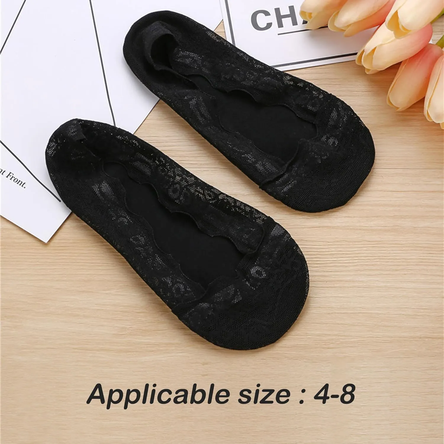 5 Pairs Low Cut Lace Socks - Ice Silk Thin No Show Non-Skid Boat Socks for Women & Girls