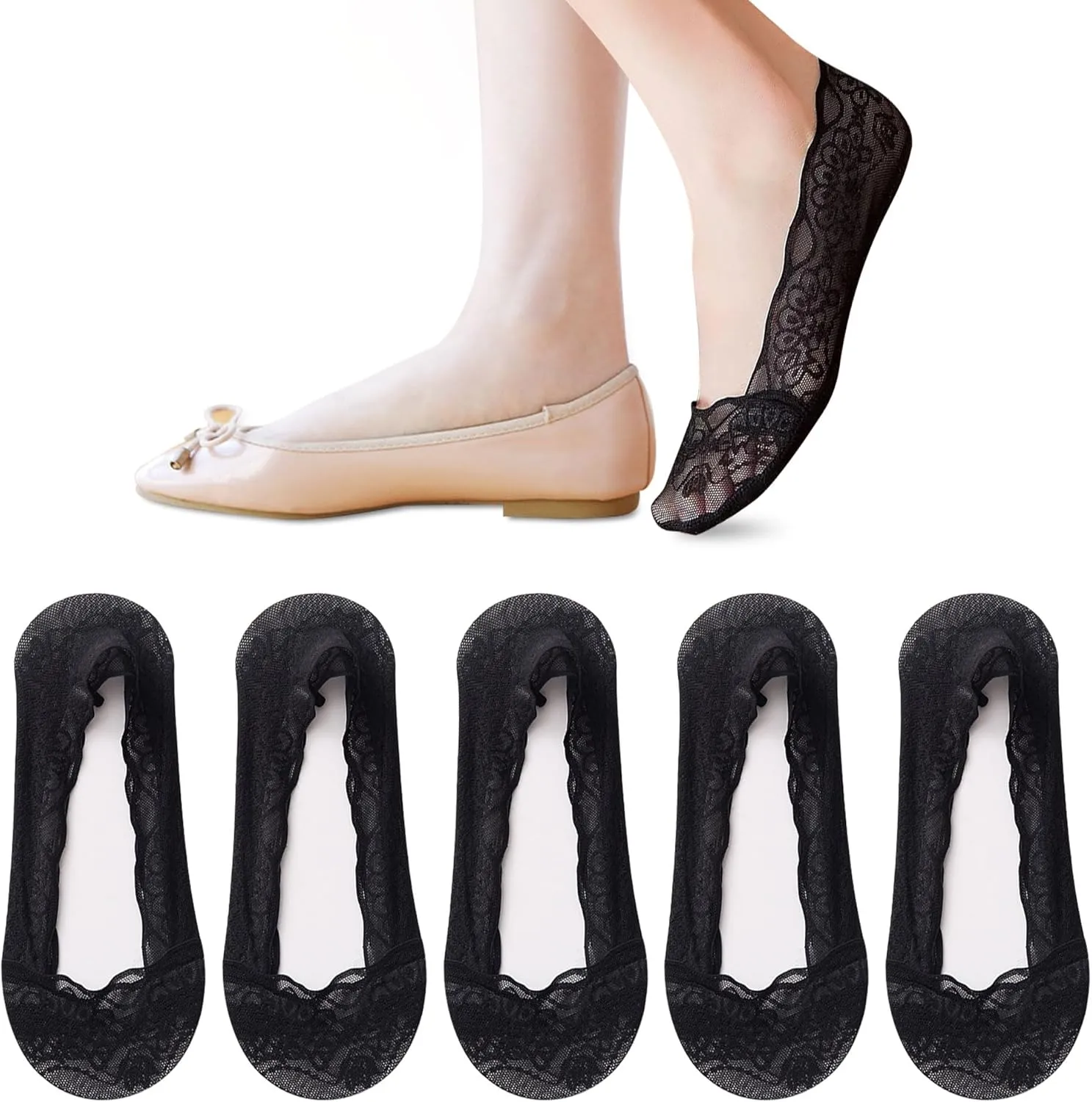 5 Pairs Low Cut Lace Socks - Ice Silk Thin No Show Non-Skid Boat Socks for Women & Girls