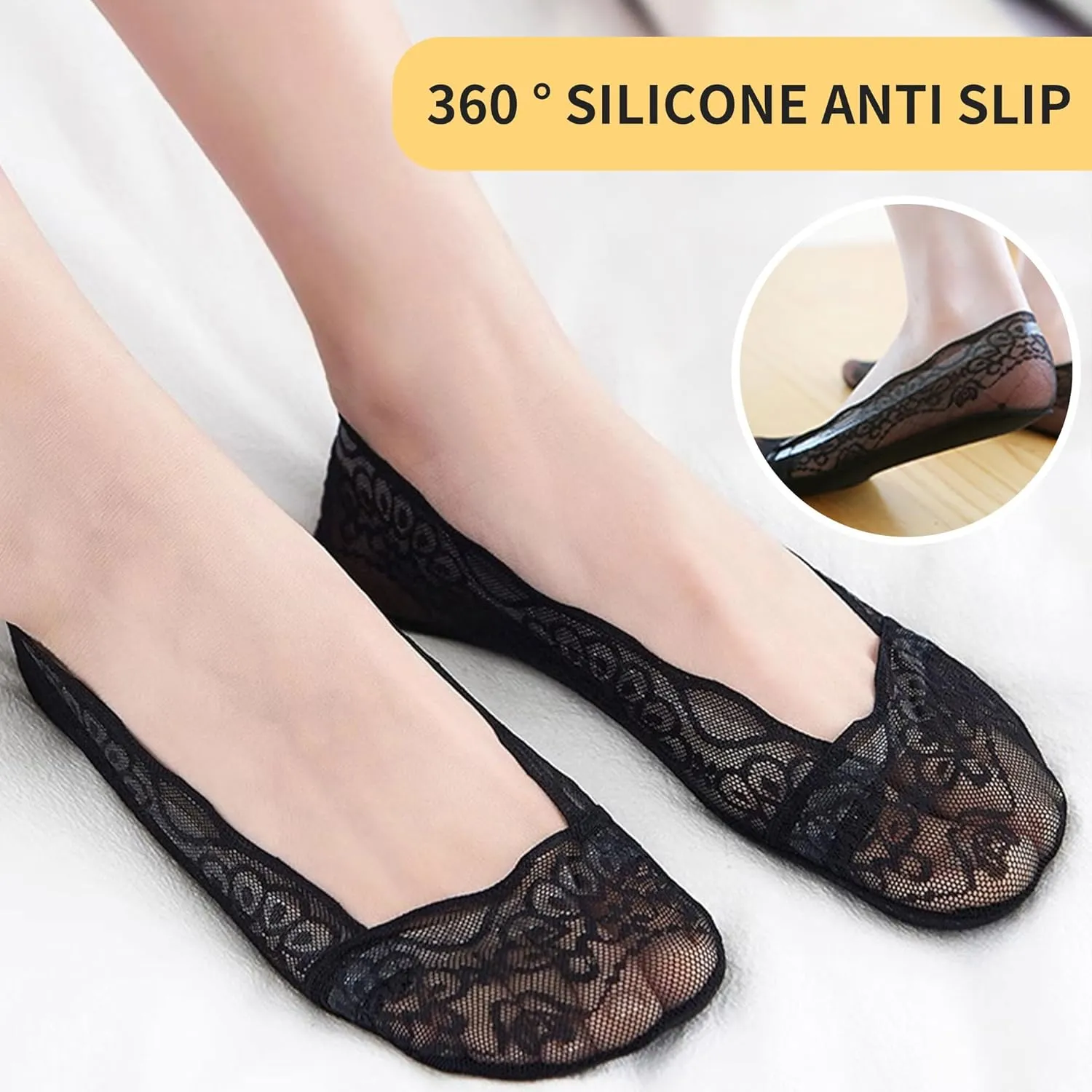 5 Pairs Low Cut Lace Socks - Ice Silk Thin No Show Non-Skid Boat Socks for Women & Girls