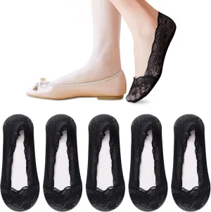 5 Pairs Low Cut Lace Socks - Ice Silk Thin No Show Non-Skid Boat Socks for Women & Girls