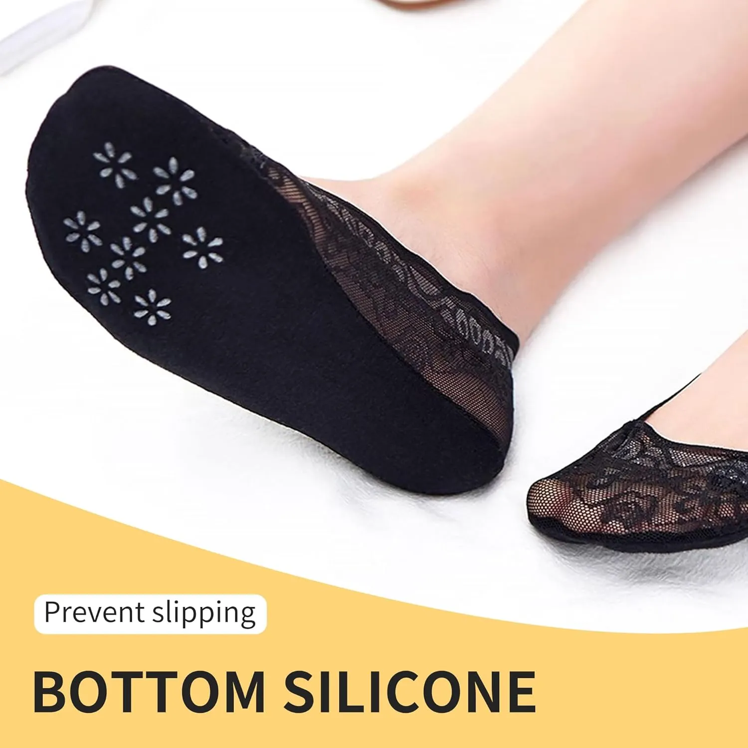 5 Pairs Low Cut Lace Socks - Ice Silk Thin No Show Non-Skid Boat Socks for Women & Girls