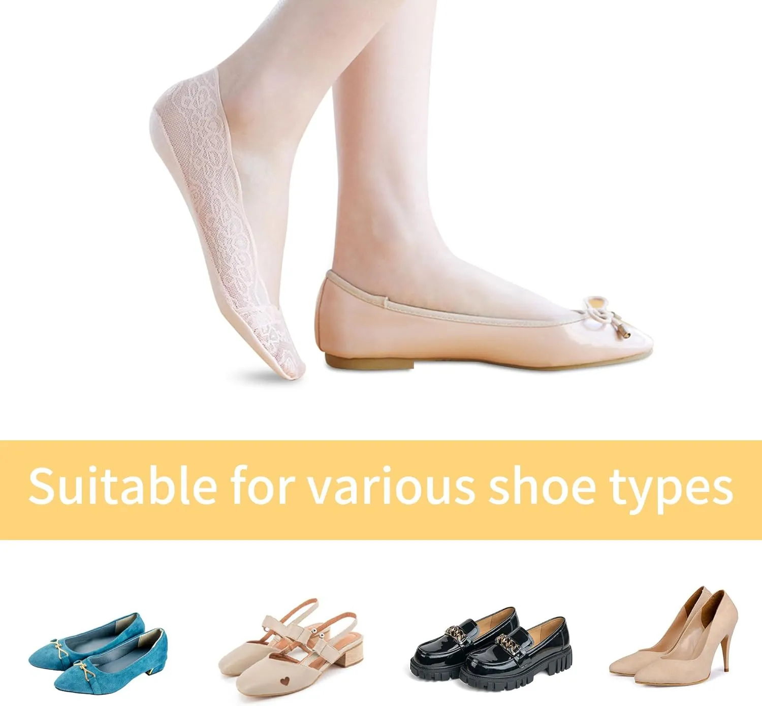 5 Pairs Low Cut Lace Socks - Ice Silk Thin No Show Non-Skid Boat Socks for Women & Girls
