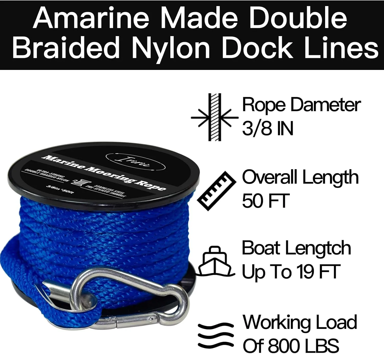 50FT Double Braided Nylon Boat Anchor Rope 3/8inch with 316 Stainless Steel Thimble and Heavy Duty Snap Hook Marine Grade Anchor line Black (Royal Blue, 50Feet)