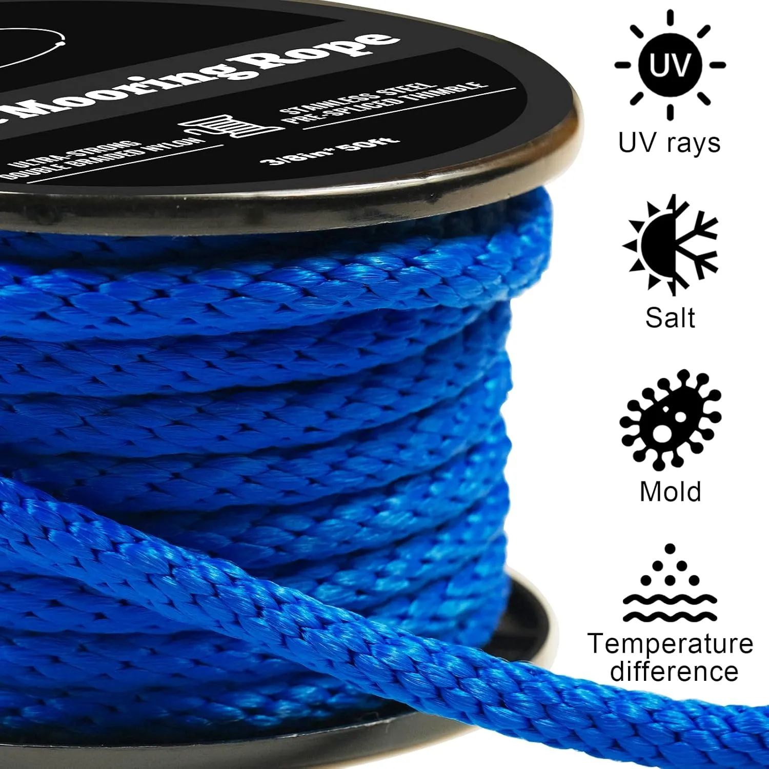 50FT Double Braided Nylon Boat Anchor Rope 3/8inch with 316 Stainless Steel Thimble and Heavy Duty Snap Hook Marine Grade Anchor line Black (Royal Blue, 50Feet)