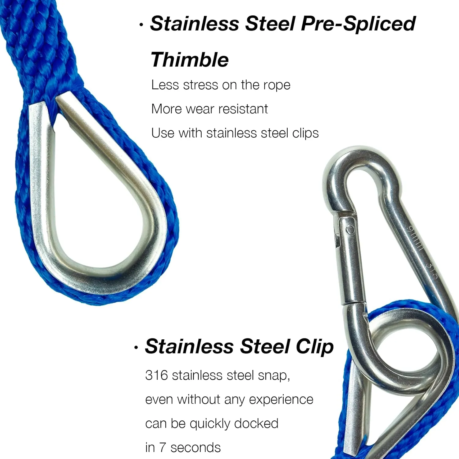 50FT Double Braided Nylon Boat Anchor Rope 3/8inch with 316 Stainless Steel Thimble and Heavy Duty Snap Hook Marine Grade Anchor line Black (Royal Blue, 50Feet)