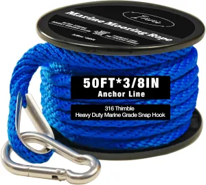 50FT Double Braided Nylon Boat Anchor Rope 3/8inch with 316 Stainless Steel Thimble and Heavy Duty Snap Hook Marine Grade Anchor line Black (Royal Blue, 50Feet)