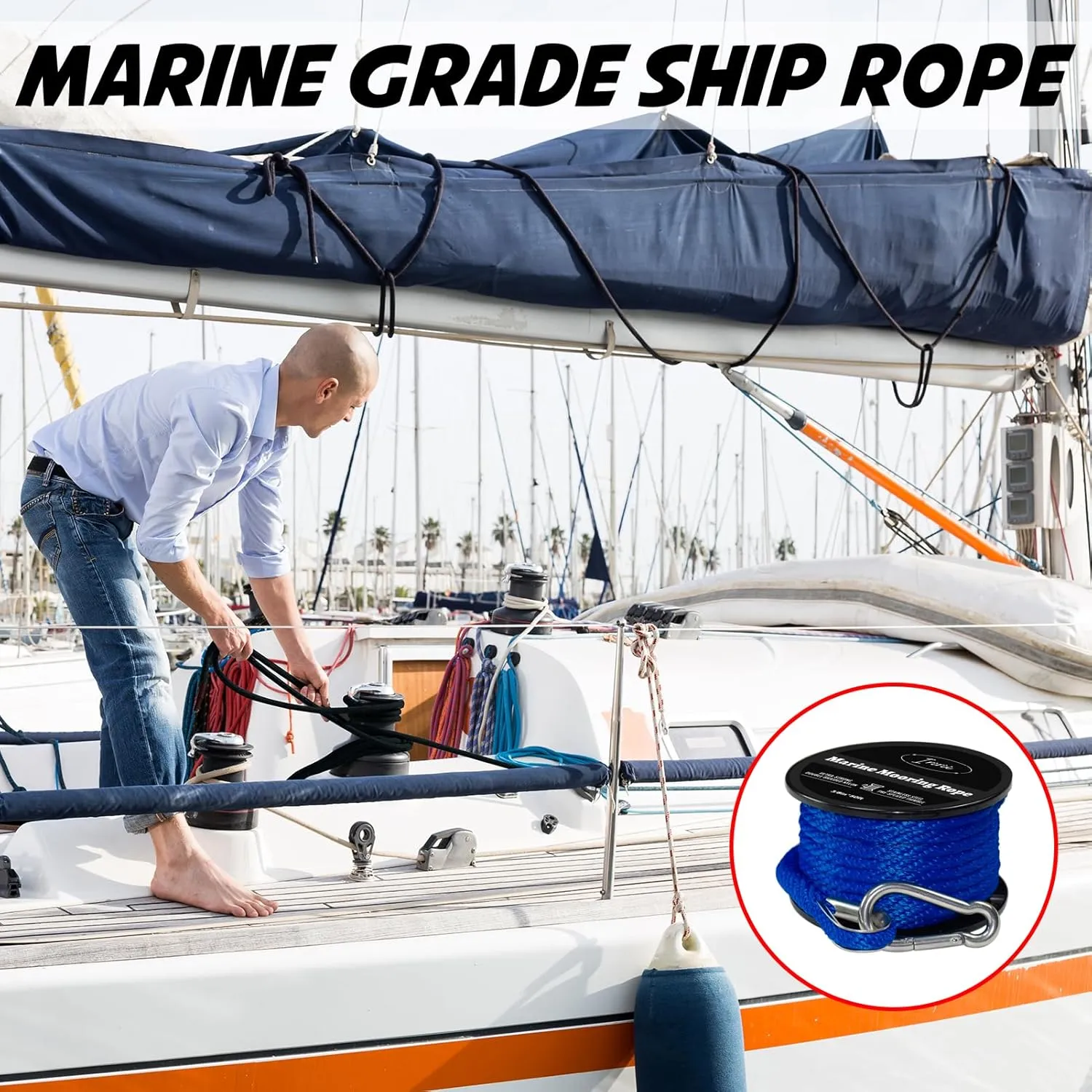 50FT Double Braided Nylon Boat Anchor Rope 3/8inch with 316 Stainless Steel Thimble and Heavy Duty Snap Hook Marine Grade Anchor line Black (Royal Blue, 50Feet)