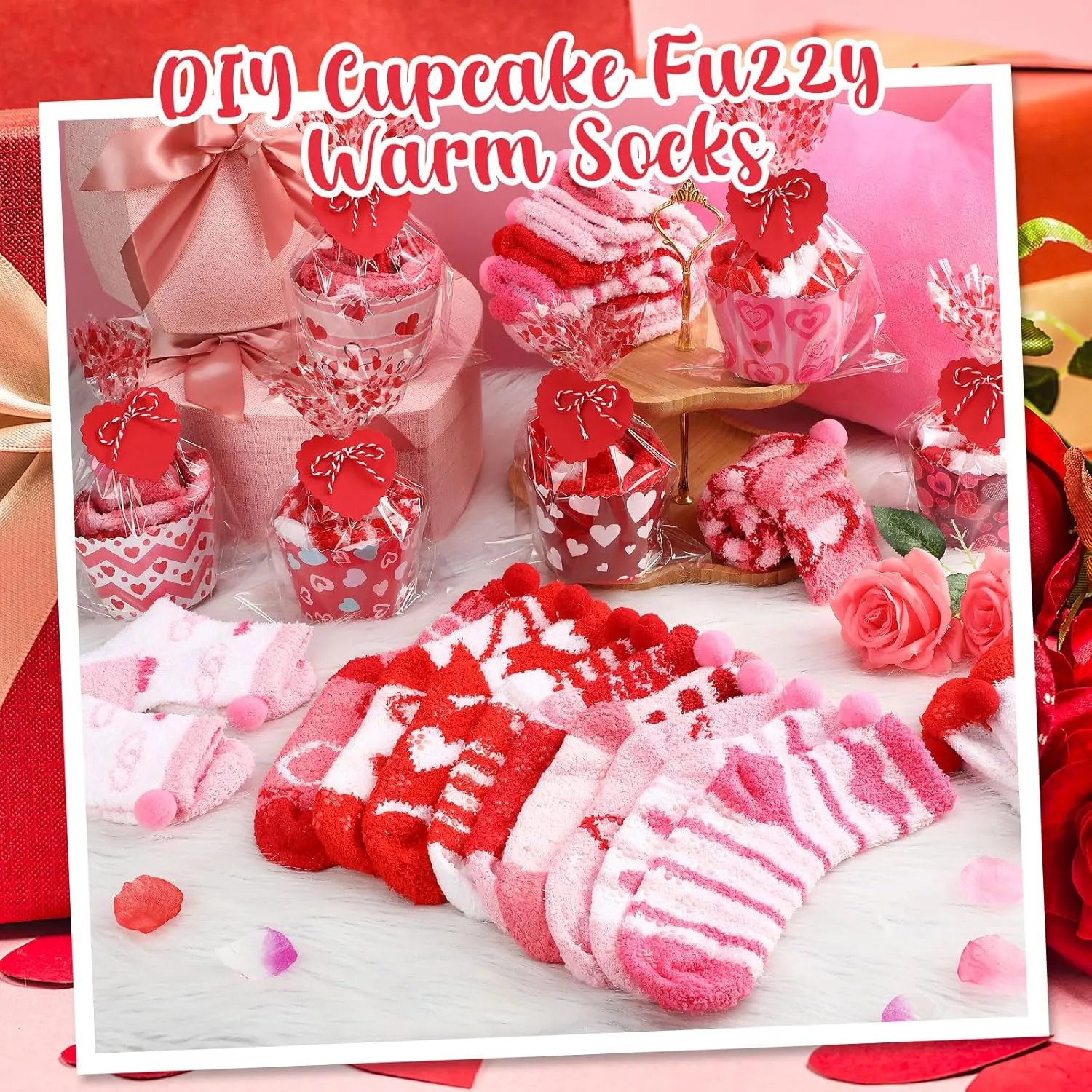 6 Pairs Funny Heart Cupcake Socks Fuzzy Sock with Cupcake Card DIY Gift Slipper Stockings for Women Men
