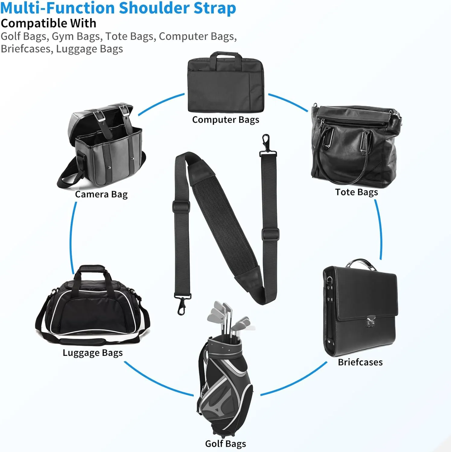 67" Universal Shoulder Strap, Mesh Thick Padded Bag Strap with Double Adjustable Buckles and Metal Hooks, Ideal for Briefcases, Computer Satchels, Crossbody Bags, Luggage(Breathable)
