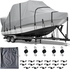 900D Marine Grade Solution-Dyed Polyester T Top/Hard Top Boat Cover, 21-23ft Heavy Duty Waterproof UV-Proof Windproof Mooring Central Console Boat Cover with 22 Windproof Straps & Storage Bag