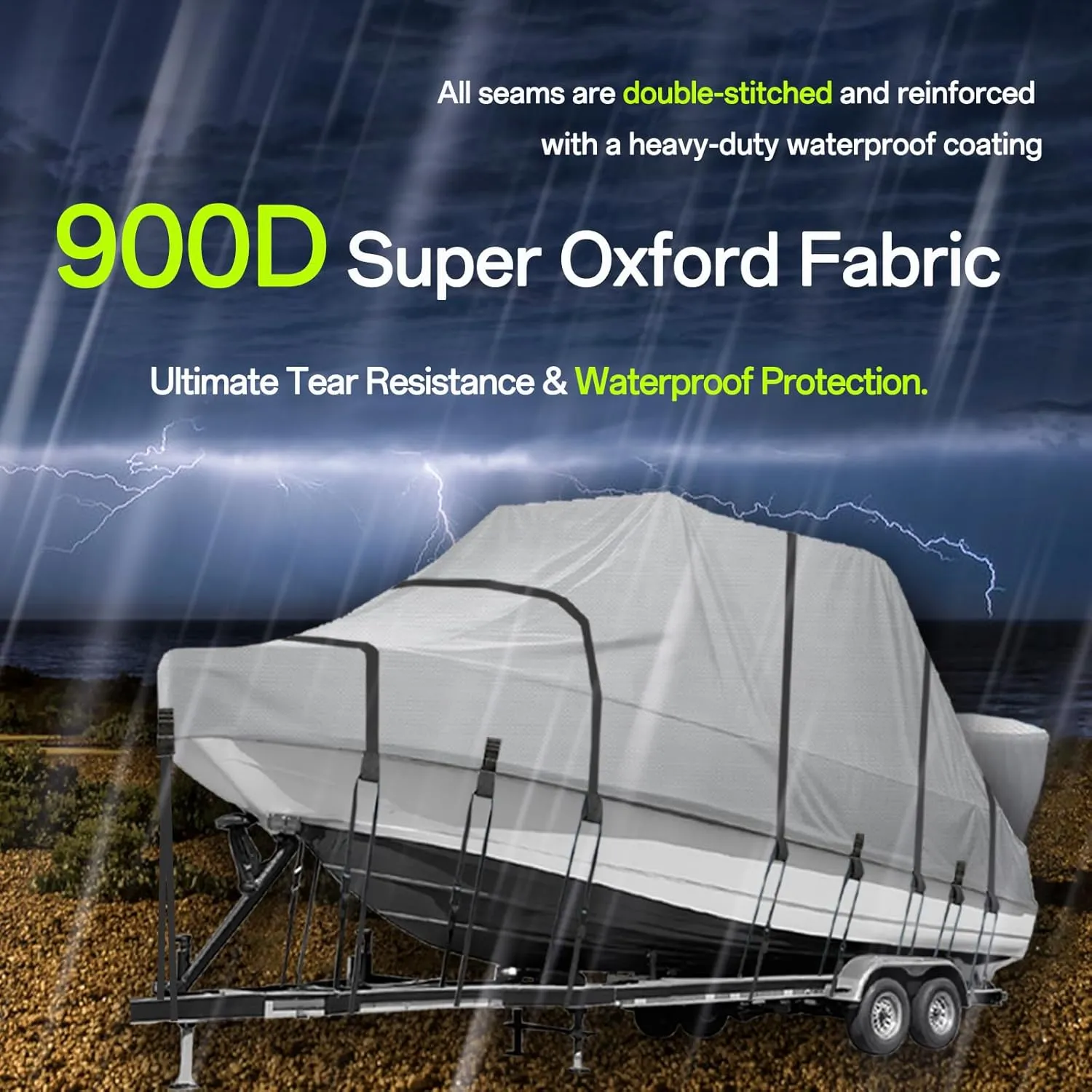 900D Marine Grade Solution-Dyed Polyester T Top/Hard Top Boat Cover, 21-23ft Heavy Duty Waterproof UV-Proof Windproof Mooring Central Console Boat Cover with 22 Windproof Straps & Storage Bag