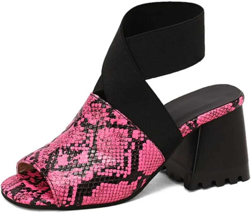 Aflngle Women's Snakeskin Printed Open Peep Toe Sandals Fashion Cross Elastic Strap Chunky Heel Block Gladiator Summer Roman Sandal Shoes