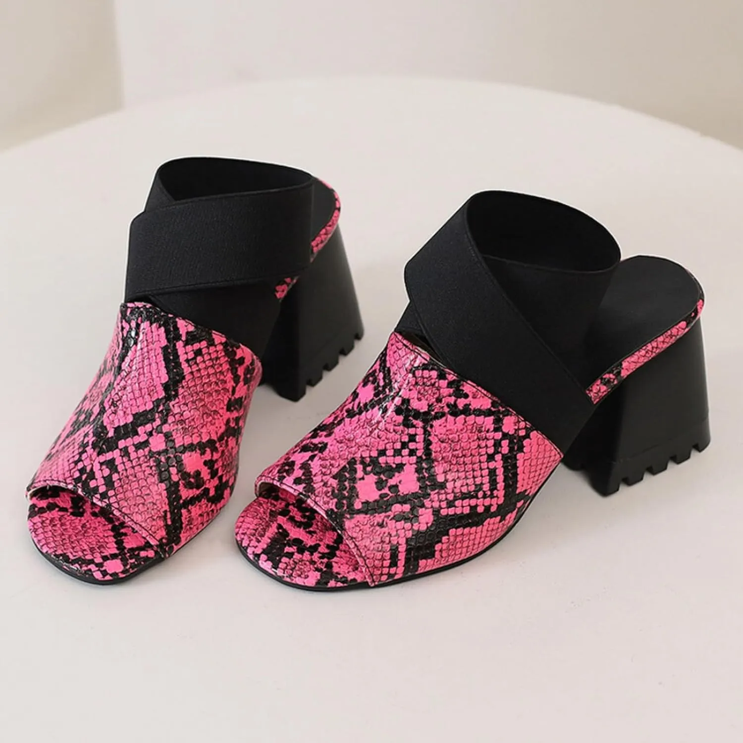 Aflngle Women's Snakeskin Printed Open Peep Toe Sandals Fashion Cross Elastic Strap Chunky Heel Block Gladiator Summer Roman Sandal Shoes