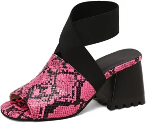 Aflngle Women's Snakeskin Printed Open Peep Toe Sandals Fashion Cross Elastic Strap Chunky Heel Block Gladiator Summer Roman Sandal Shoes
