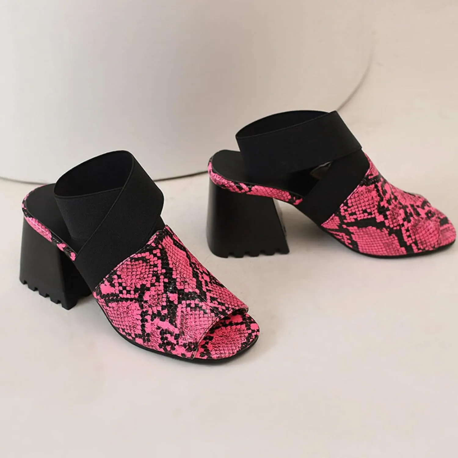 Aflngle Women's Snakeskin Printed Open Peep Toe Sandals Fashion Cross Elastic Strap Chunky Heel Block Gladiator Summer Roman Sandal Shoes