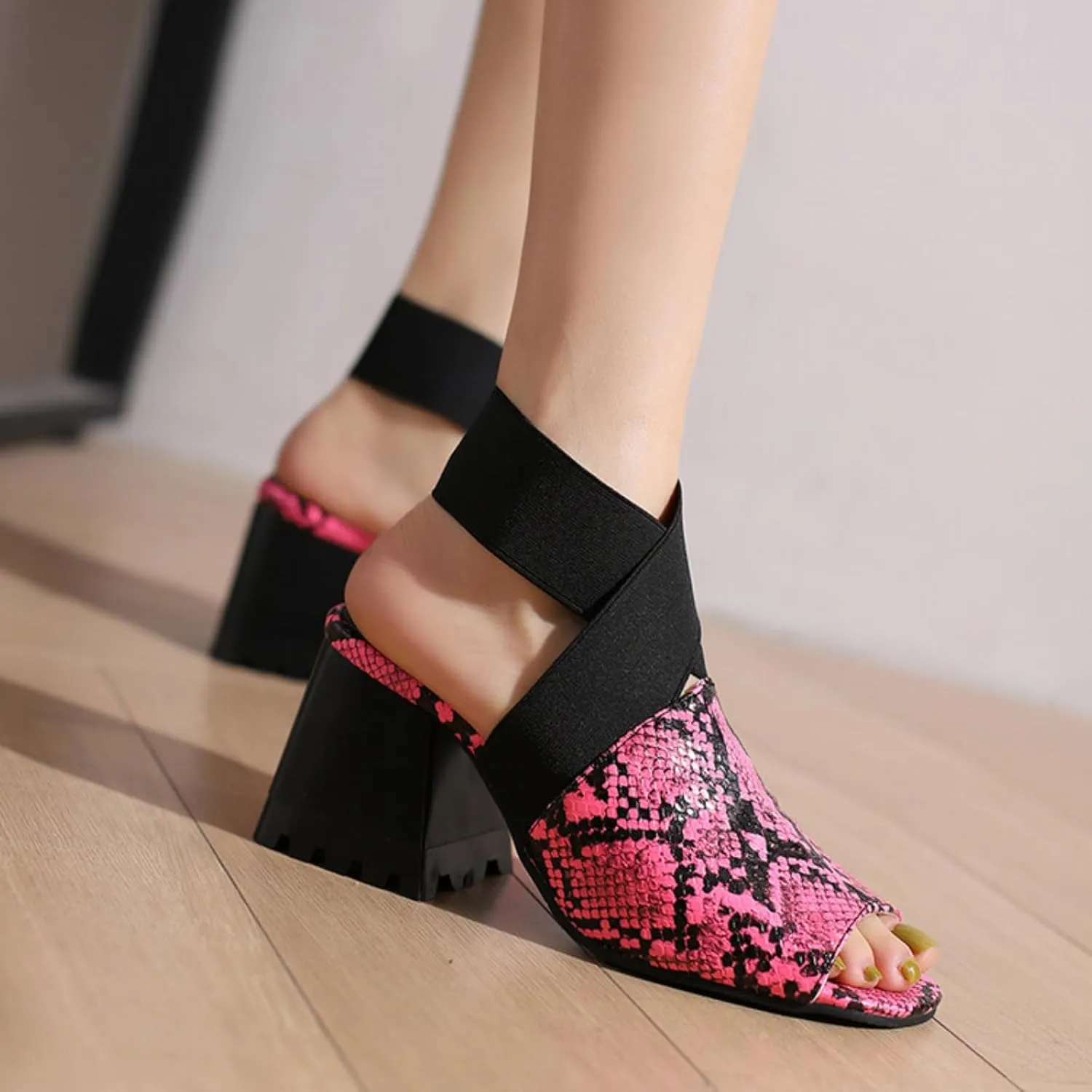 Aflngle Women's Snakeskin Printed Open Peep Toe Sandals Fashion Cross Elastic Strap Chunky Heel Block Gladiator Summer Roman Sandal Shoes