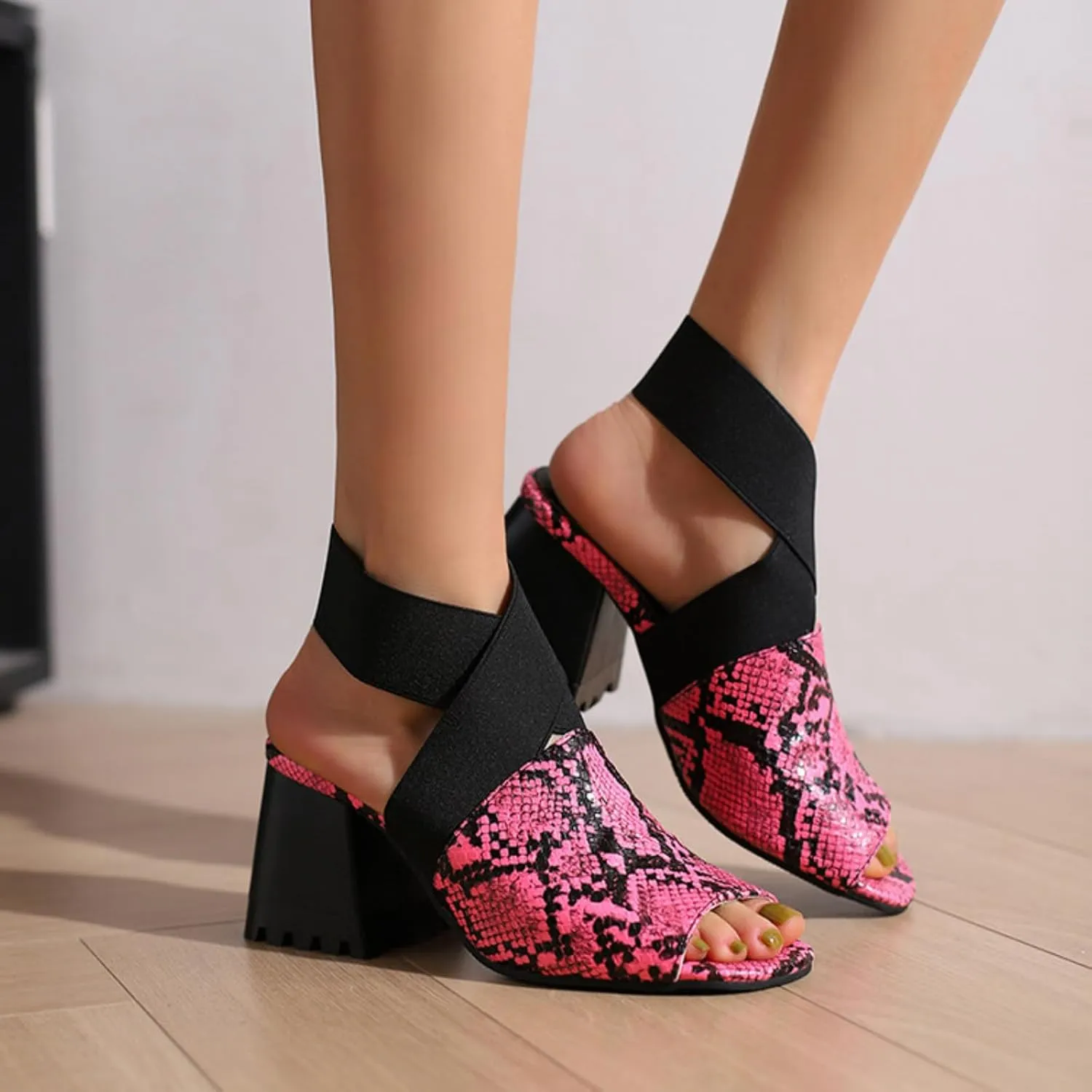 Aflngle Women's Snakeskin Printed Open Peep Toe Sandals Fashion Cross Elastic Strap Chunky Heel Block Gladiator Summer Roman Sandal Shoes