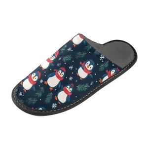 ALAZA Penguin Christmas Leaf Snowflake Fuzzy Slippers for Women Men Warm Soft Lightweight Memory Foam House Slippers 5.5-6