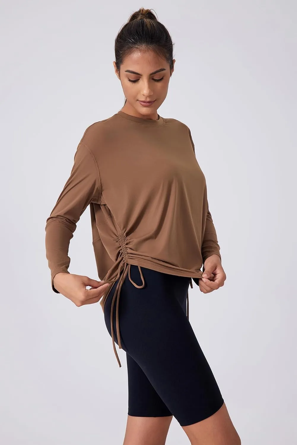 altiland Drawstring Side Ruched Long Sleeve Workout Shirts for Women, Buttery Soft Running Gym Athletic Yoga Tops Loose Fit