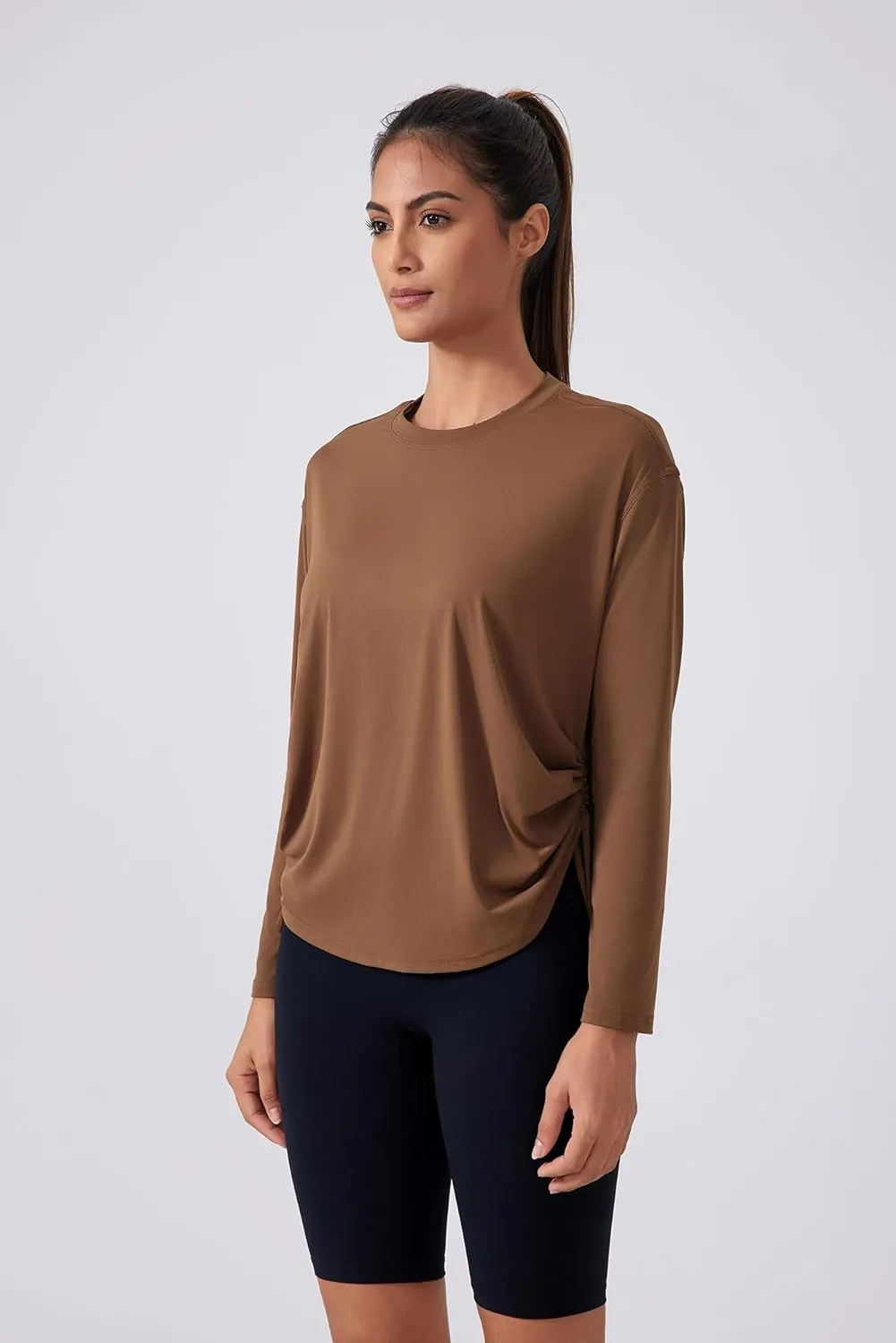 altiland Drawstring Side Ruched Long Sleeve Workout Shirts for Women, Buttery Soft Running Gym Athletic Yoga Tops Loose Fit