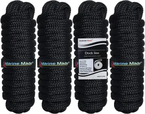 Amarine Made 1/2” X 25’ Dock Lines, 4pcs Boat Dock Lines,12” Eyelet Double-Braided Boat Lines with Loop Docking 968lbs Working Load, Boat Dock Ropes with 4840lbs Strength for Boat Black Rope