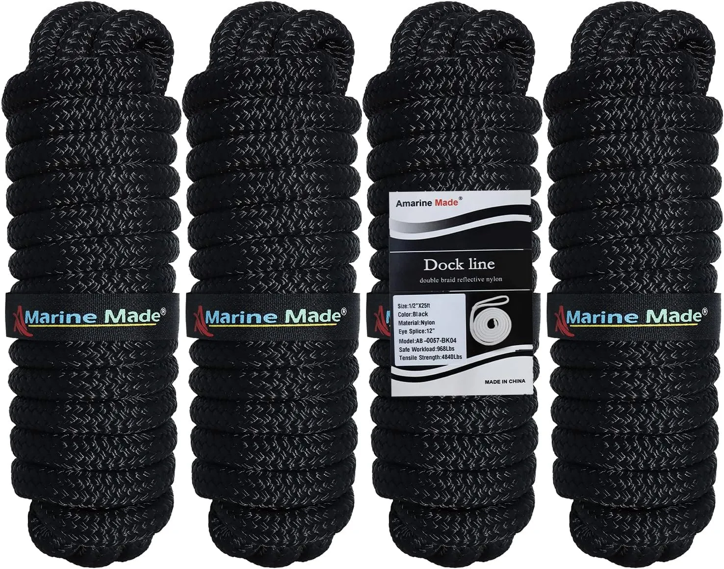 Amarine Made 1/2” X 25’ Dock Lines, 4pcs Boat Dock Lines,12” Eyelet Double-Braided Boat Lines with Loop Docking 968lbs Working Load, Boat Dock Ropes with 4840lbs Strength for Boat Black Rope