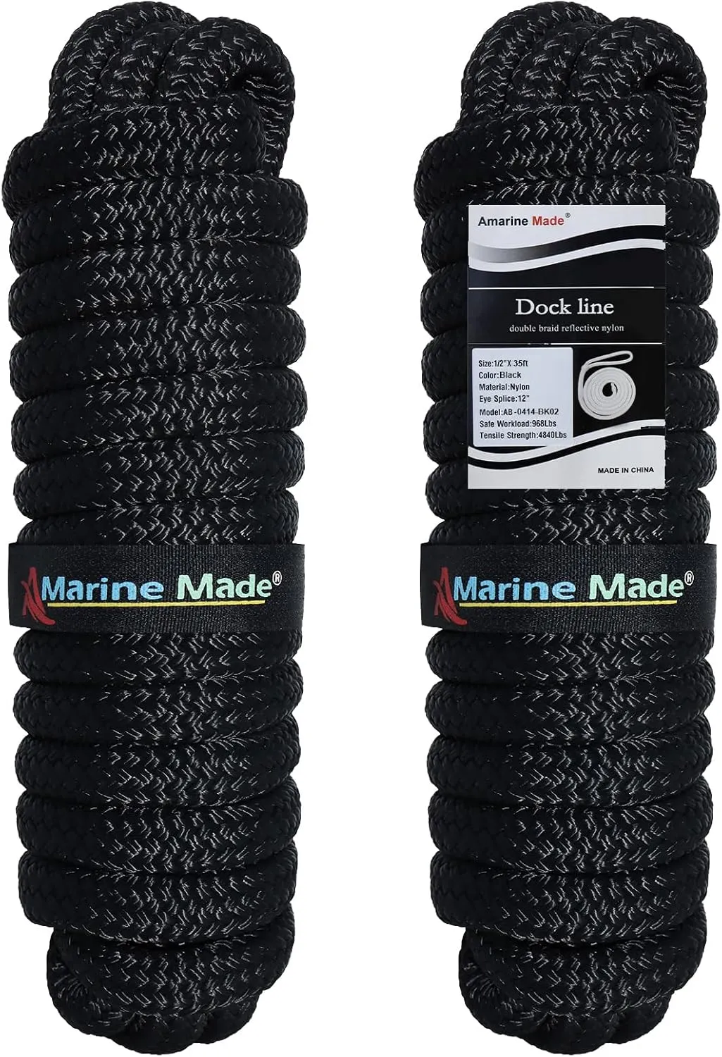 Amarine Made Double Braided Nylon Dock Lines 4840 lbs Breaking Strength (L: 35 ft. D:1/2 inch Eyelet: 12 inch) 2 Pack of Marine Mooring Rope Boat Dock Lines Working Load Limit:968 lbs